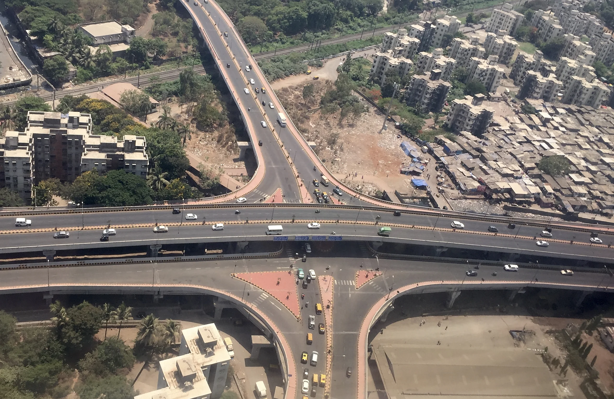 Aerial view of a double-decker flyover interchange in Mumbai