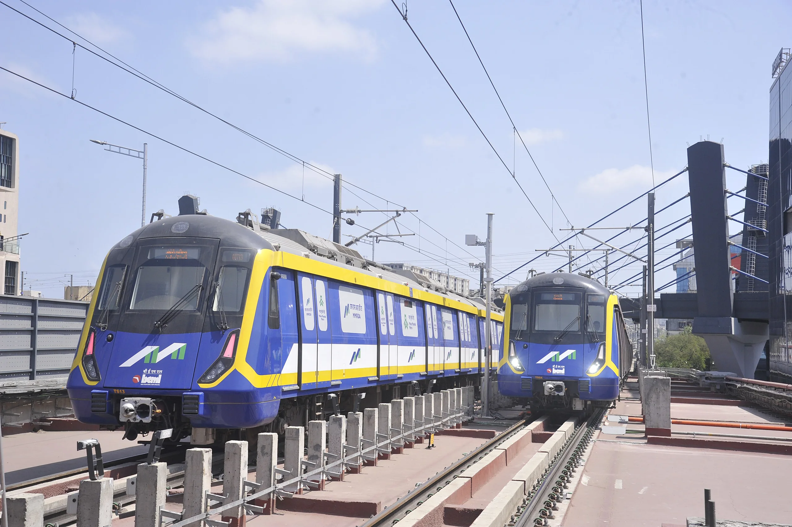 Mumbai Metro trains on an elevated metro line